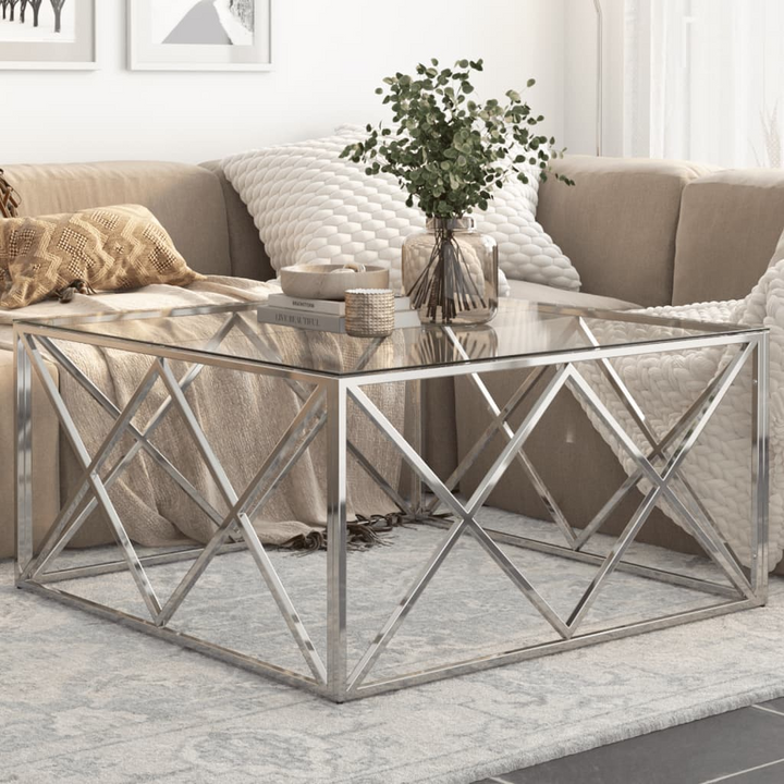 Boho Aesthetic Modern Silver Stainless Steel and Tempered Glass Coffee Table | Biophilic Design Airbnb Decor Furniture 