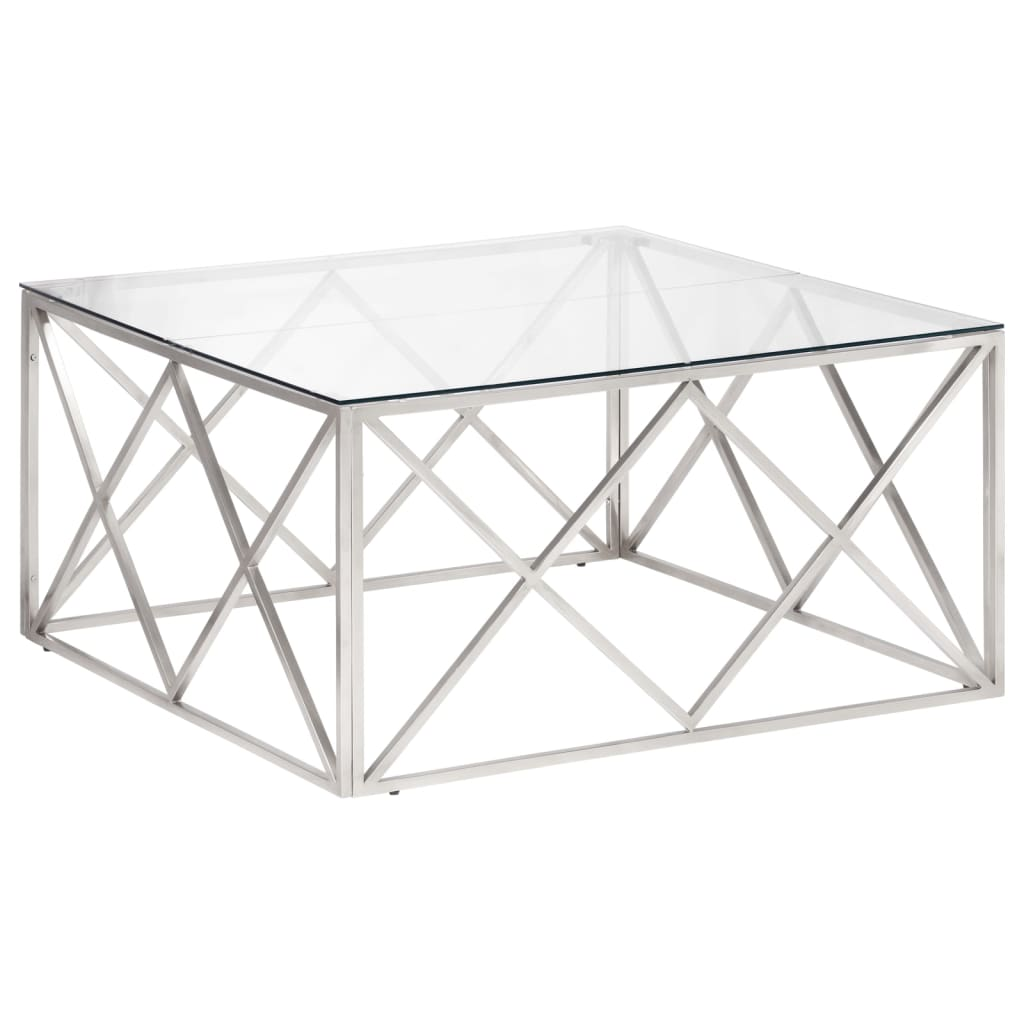 Boho Aesthetic Modern Silver Stainless Steel and Tempered Glass Coffee Table | Biophilic Design Airbnb Decor Furniture 