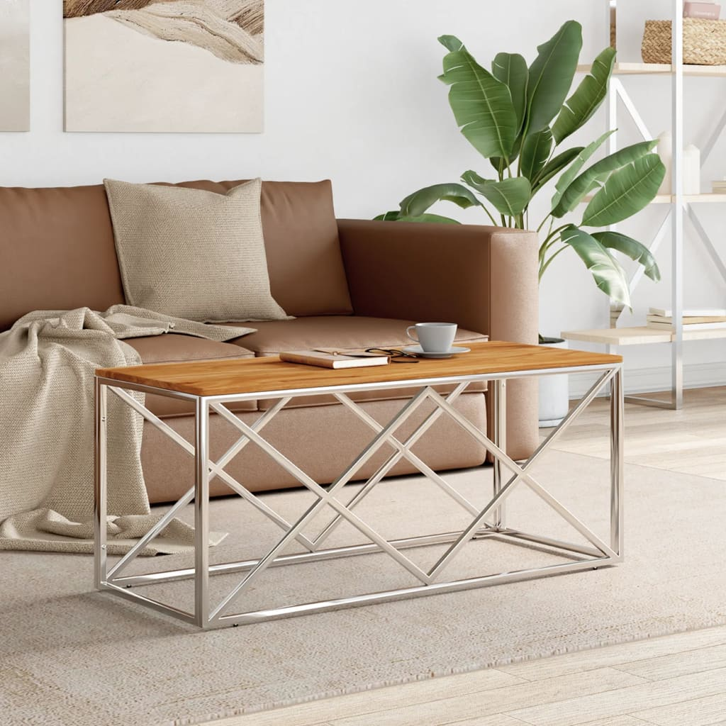 Boho Aesthetic Silver Stainless Steel and Solid Wood Acacia Coffee Table | Biophilic Design Airbnb Decor Furniture 