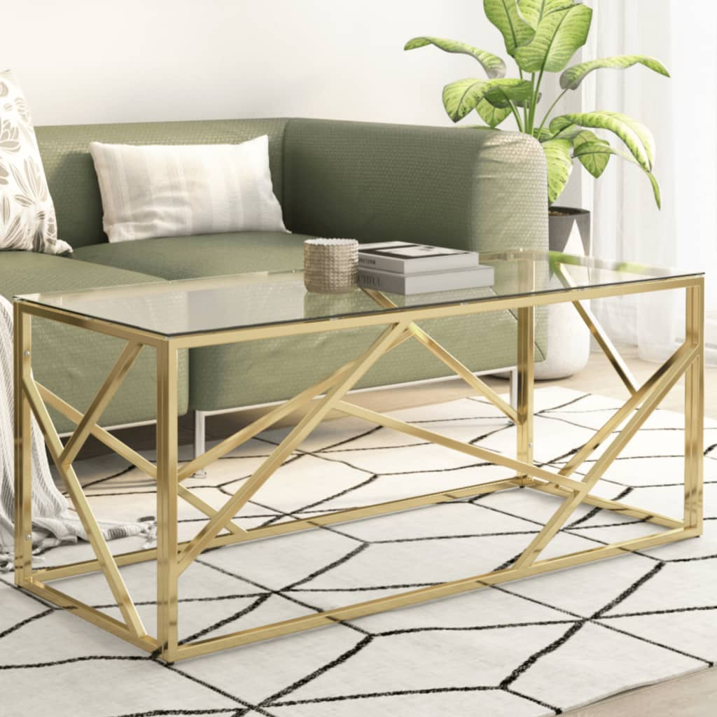 Boho Aesthetic Gold Stainless Steel and Tempered Glass Coffee Table | Biophilic Design Airbnb Decor Furniture 
