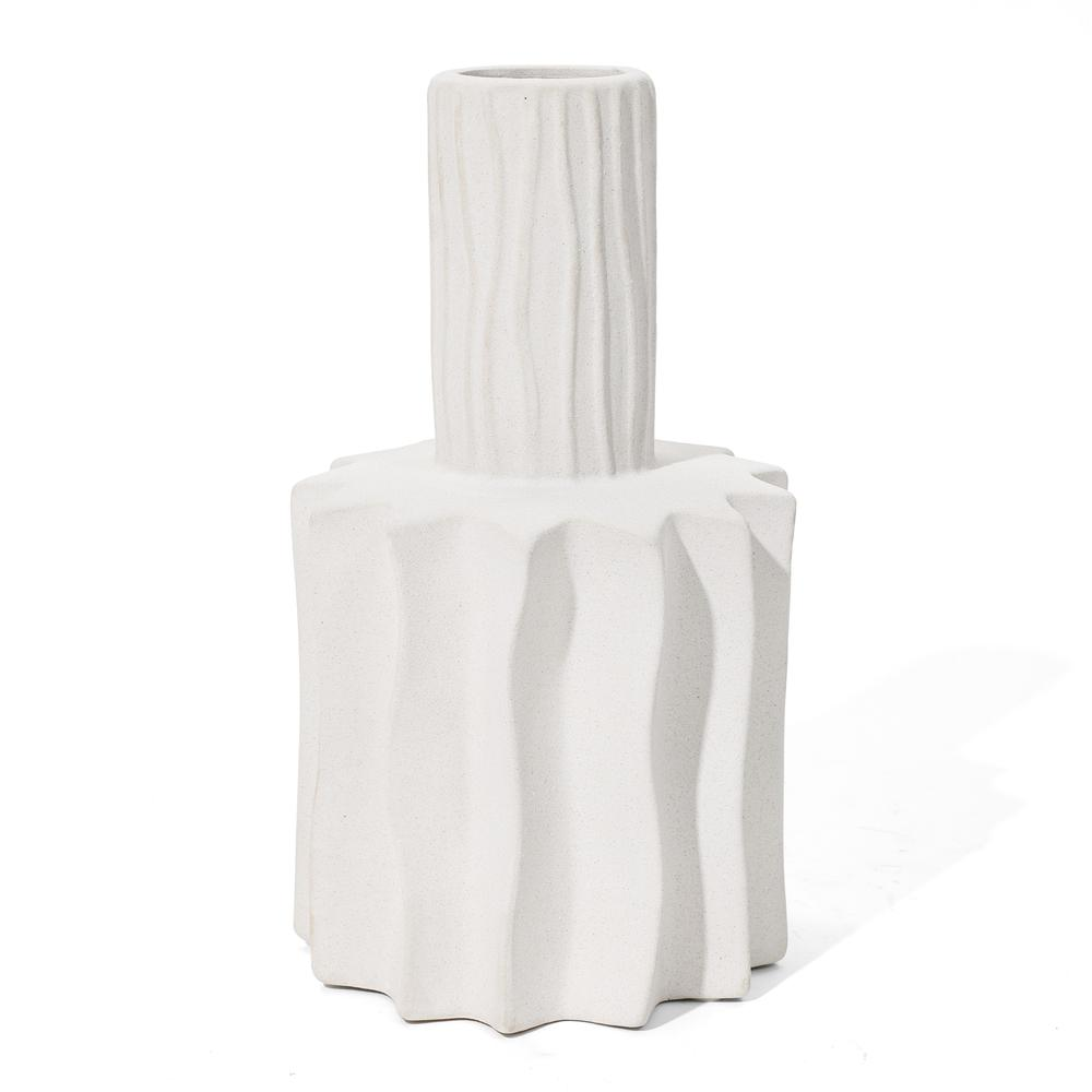 Boho Aesthetic White Fluted 11.8-Inch Tall Stoneware Table Vase | Biophilic Design Airbnb Decor Furniture 