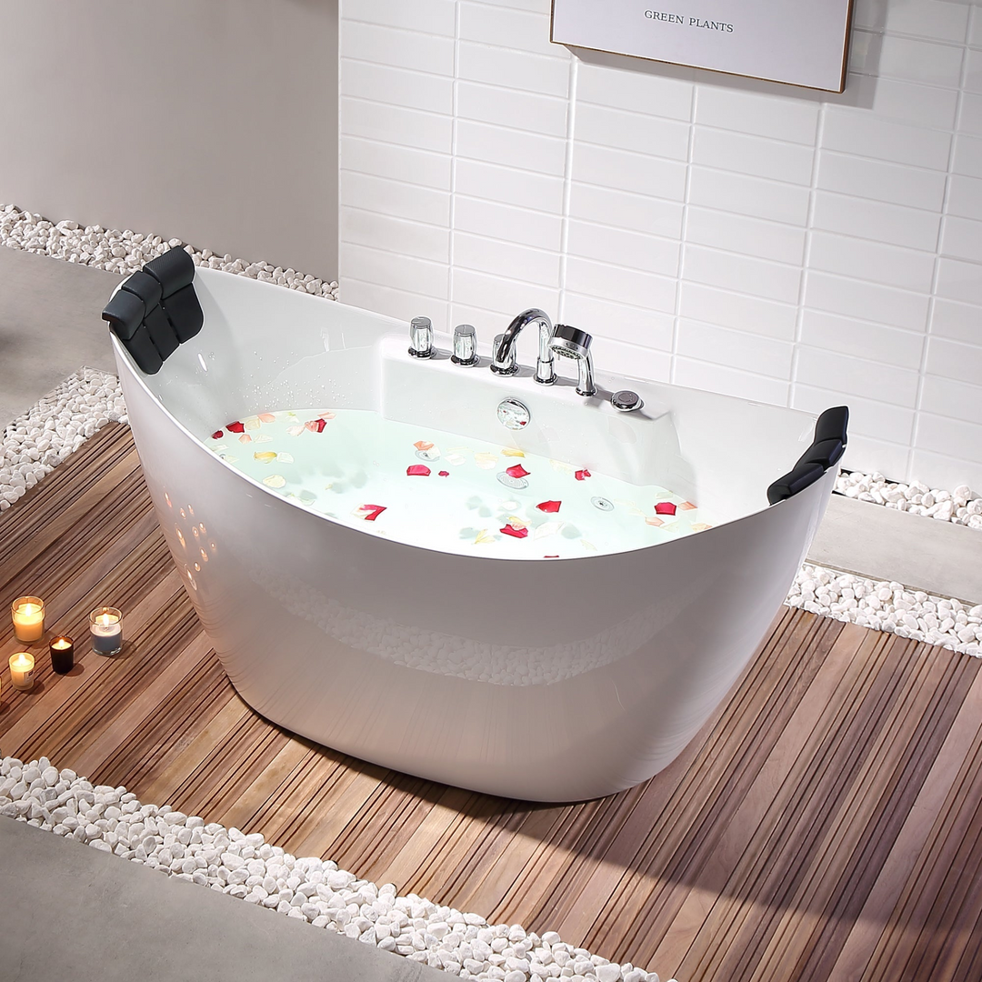 Boho Aesthetic Freestanding Whirlpool Bathtub with Center Drain | Biophilic Design Airbnb Decor Furniture 