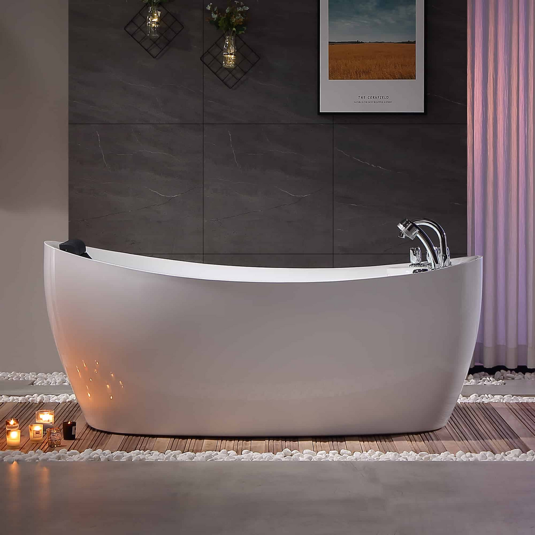 Boho Aesthetic Modern Freestanding Whirlpool Bathtub with Reversible Drain | Biophilic Design Airbnb Decor Furniture 
