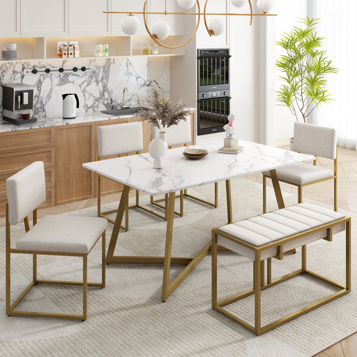 Boho Aesthetic Modern Faux Marble 6-Piece Dining Table Set,60inch Metal Kitchen Table Set with Upholstered Dining Chairs and Bench, Golden | Biophilic Design Airbnb Decor Furniture 