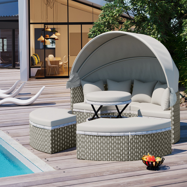 Boho Aesthetic Patio Furniture Round Outdoor Sectional Sofa Set Rattan Daybed Two-Tone Weave Sunbed with Retractable Canopy, Separate Seating and Removable Cushion, Gray | Biophilic Design Airbnb Decor Furniture 
