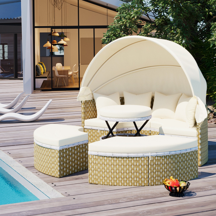Boho Aesthetic Patio Furniture Round Outdoor Sectional Sofa Set Rattan Daybed Two-Tone Weave Sunbed with Retractable Canopy, Separate Seating and Removable Cushion, Beige | Biophilic Design Airbnb Decor Furniture 