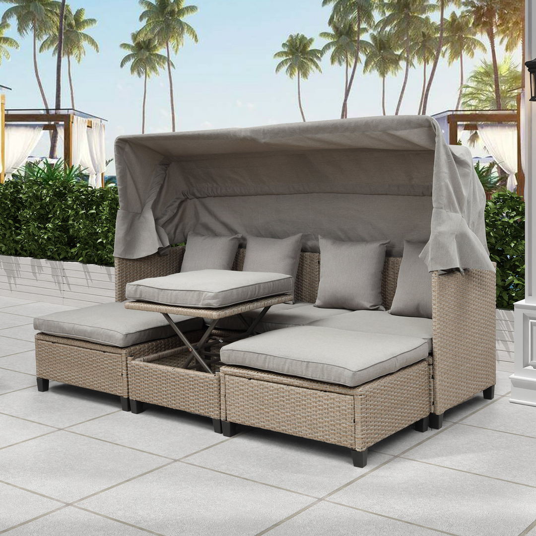 Boho Aesthetic 4 Piece UV-Proof Resin Wicker Patio Sofa Set with Retractable Canopy, Cushions and Lifting Table,Brown | Biophilic Design Airbnb Decor Furniture 