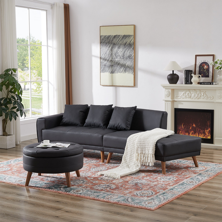 Boho Aesthetic 107" Contemporary Sofa Stylish Sofa Couch with a Round Storage Ottoman and Three Removable Pillows for Living Room, Black | Biophilic Design Airbnb Decor Furniture 
