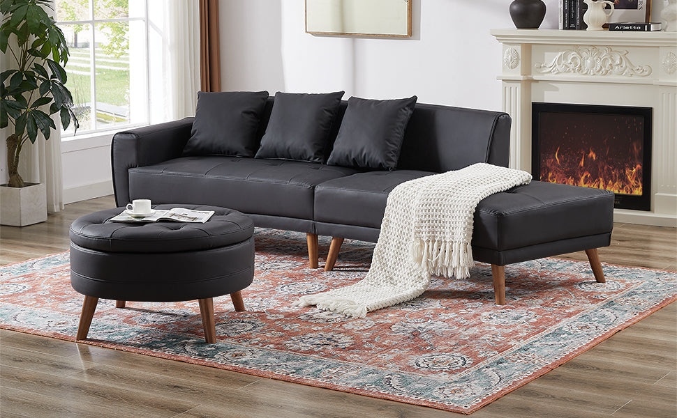 Boho Aesthetic 107" Contemporary Sofa Stylish Sofa Couch with a Round Storage Ottoman and Three Removable Pillows for Living Room, Black | Biophilic Design Airbnb Decor Furniture 