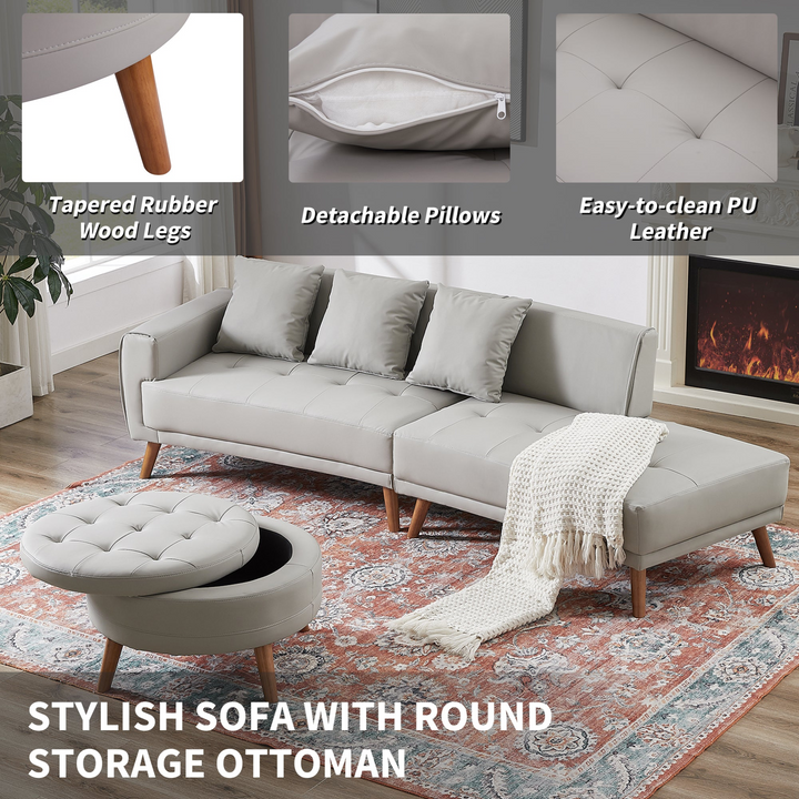 Boho Aesthetic 107" Contemporary Sofa Stylish Sofa Couch with a Round Storage Ottoman and Three Removable Pillows for Living Room, Grey | Biophilic Design Airbnb Decor Furniture 