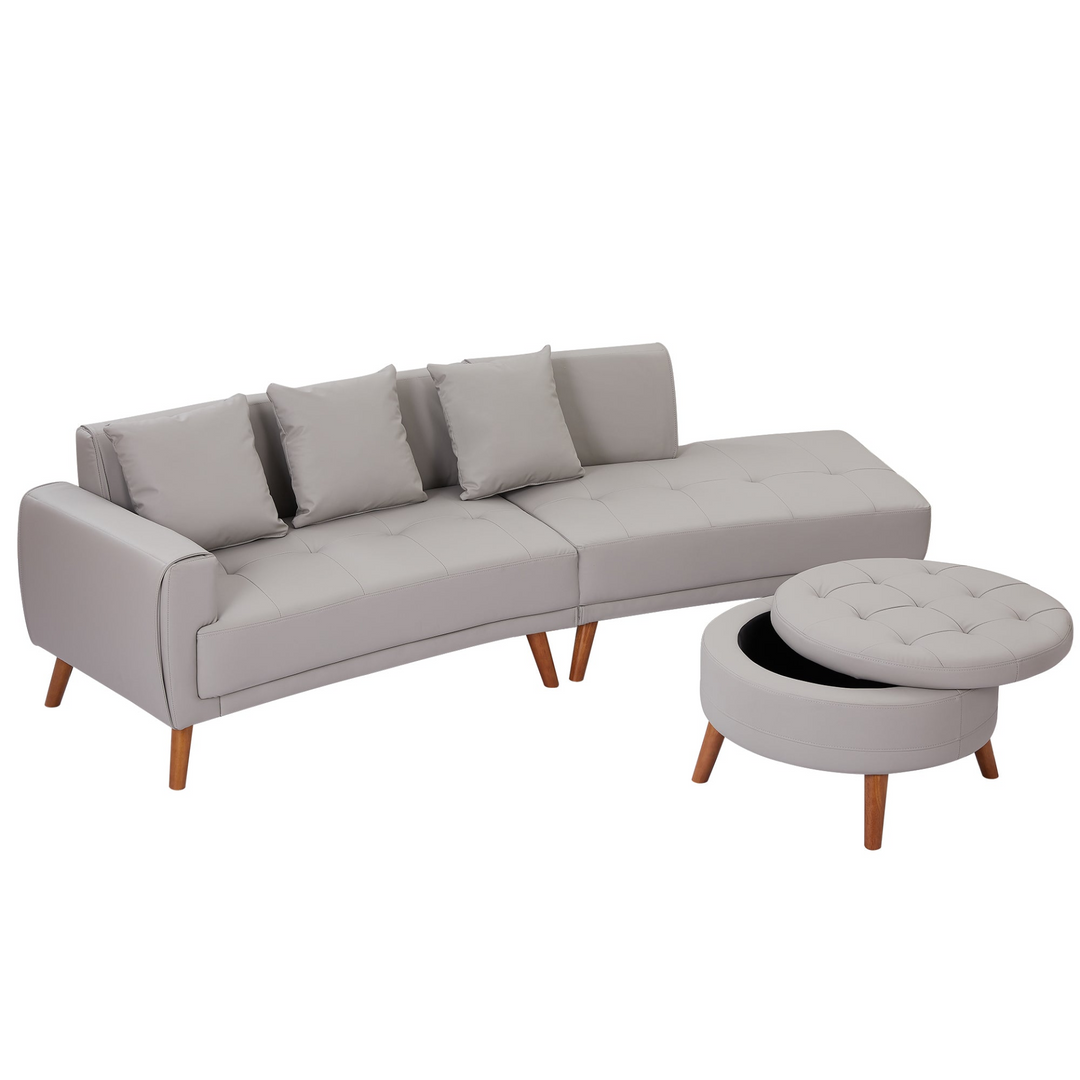 Boho Aesthetic 107" Contemporary Sofa Stylish Sofa Couch with a Round Storage Ottoman and Three Removable Pillows for Living Room, Grey | Biophilic Design Airbnb Decor Furniture 