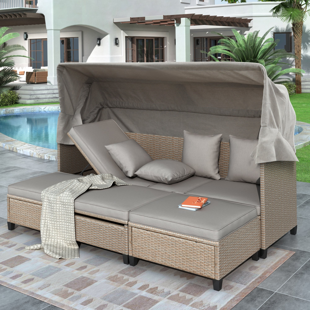 Boho Aesthetic 4 Piece UV-Proof Resin Wicker Patio Sofa Set with Retractable Canopy, Cushions and Lifting Table,Brown | Biophilic Design Airbnb Decor Furniture 