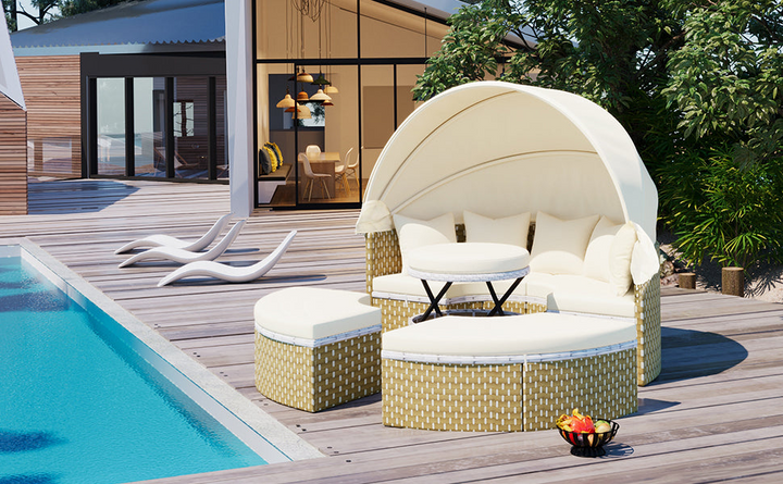 Boho Aesthetic Patio Furniture Round Outdoor Sectional Sofa Set Rattan Daybed Two-Tone Weave Sunbed with Retractable Canopy, Separate Seating and Removable Cushion, Beige | Biophilic Design Airbnb Decor Furniture 