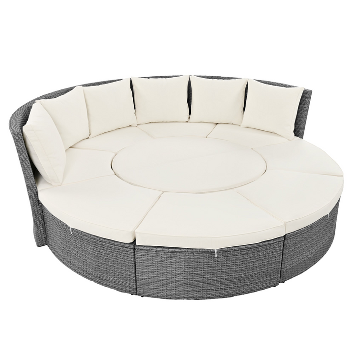 Boho Aesthetic Patio 5-Piece Round Rattan Sectional Sofa Set All-Weather PE Wicker Sunbed Daybed with Round Liftable Table and Washable Cushions for Outdoor Backyard Poolside, Beige | Biophilic Design Airbnb Decor Furniture 