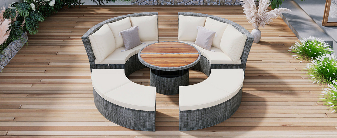 Boho Aesthetic Patio 5-Piece Round Rattan Sectional Sofa Set All-Weather PE Wicker Sunbed Daybed with Round Liftable Table and Washable Cushions for Outdoor Backyard Poolside, Beige | Biophilic Design Airbnb Decor Furniture 