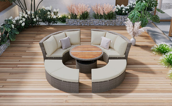Boho Aesthetic Patio 5-Piece Round Rattan Sectional Sofa Set All-Weather PE Wicker Sunbed Daybed with Round Liftable Table and Washable Cushions for Outdoor Backyard Poolside, Gray | Biophilic Design Airbnb Decor Furniture 