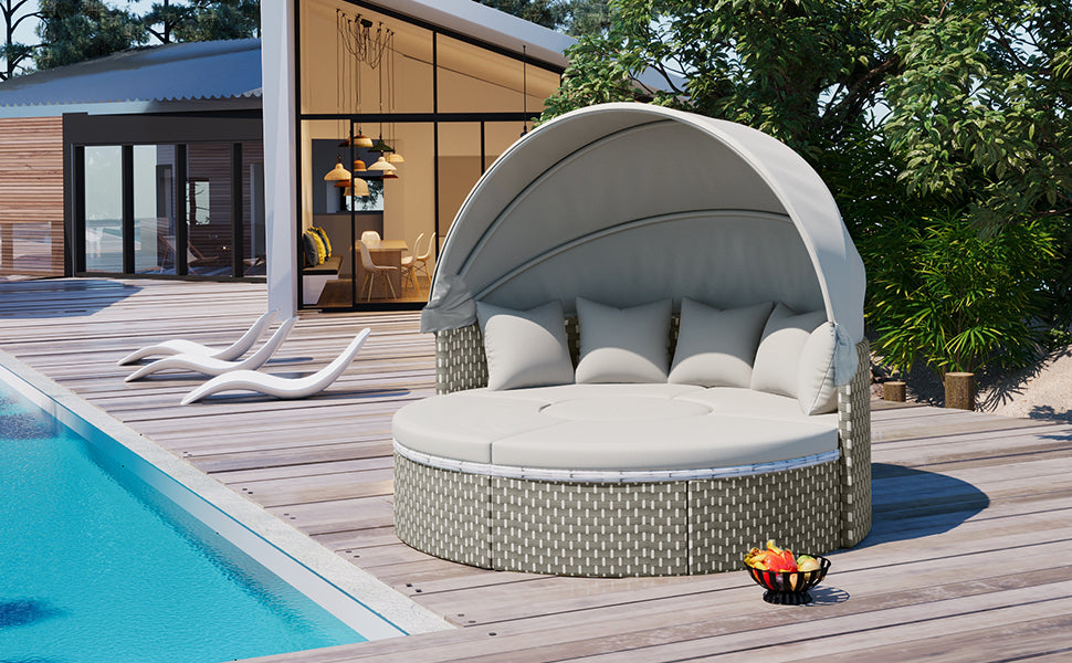 Boho Aesthetic Patio Furniture Round Outdoor Sectional Sofa Set Rattan Daybed Two-Tone Weave Sunbed with Retractable Canopy, Separate Seating and Removable Cushion, Gray | Biophilic Design Airbnb Decor Furniture 