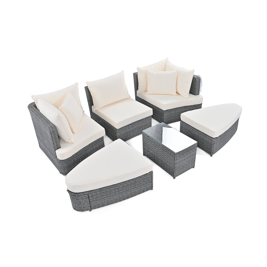 Boho Aesthetic 6-Piece Patio Outdoor Conversation Round Sofa Set, PE Wicker Rattan Separate Seating Group with Coffee Table, Beige | Biophilic Design Airbnb Decor Furniture 