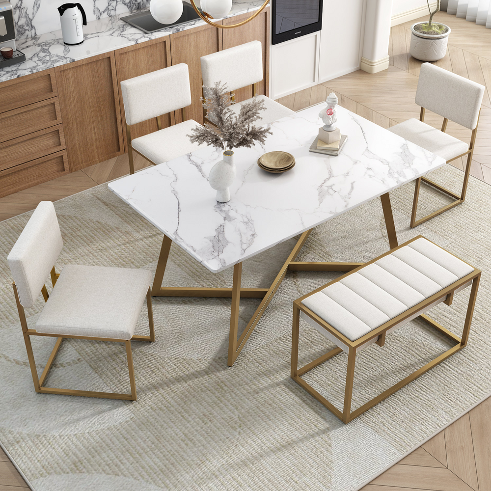 Boho Aesthetic Modern Faux Marble 6-Piece Dining Table Set,60inch Metal Kitchen Table Set with Upholstered Dining Chairs and Bench, Golden | Biophilic Design Airbnb Decor Furniture 