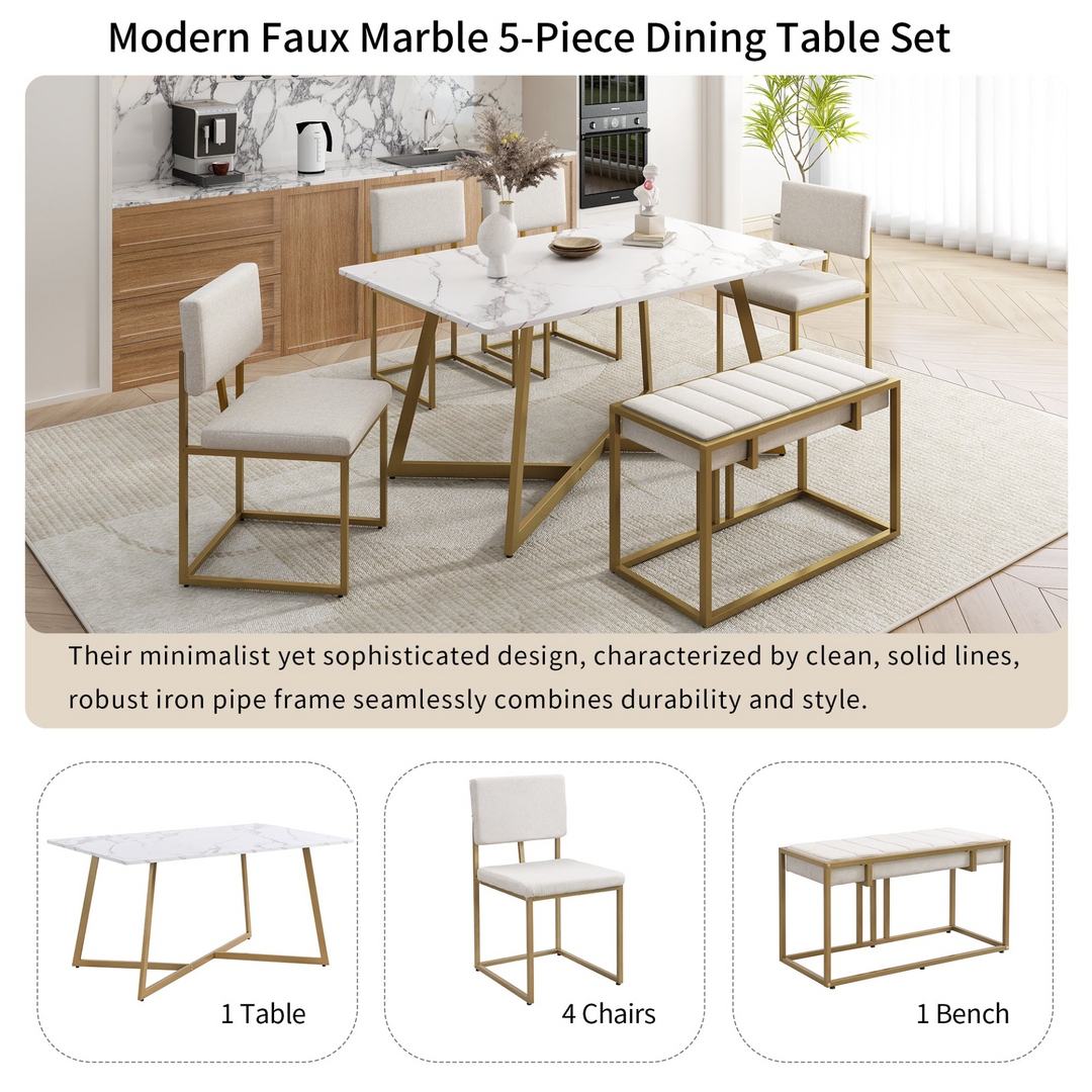 Boho Aesthetic Modern Faux Marble 6-Piece Dining Table Set,60inch Metal Kitchen Table Set with Upholstered Dining Chairs and Bench, Golden | Biophilic Design Airbnb Decor Furniture 