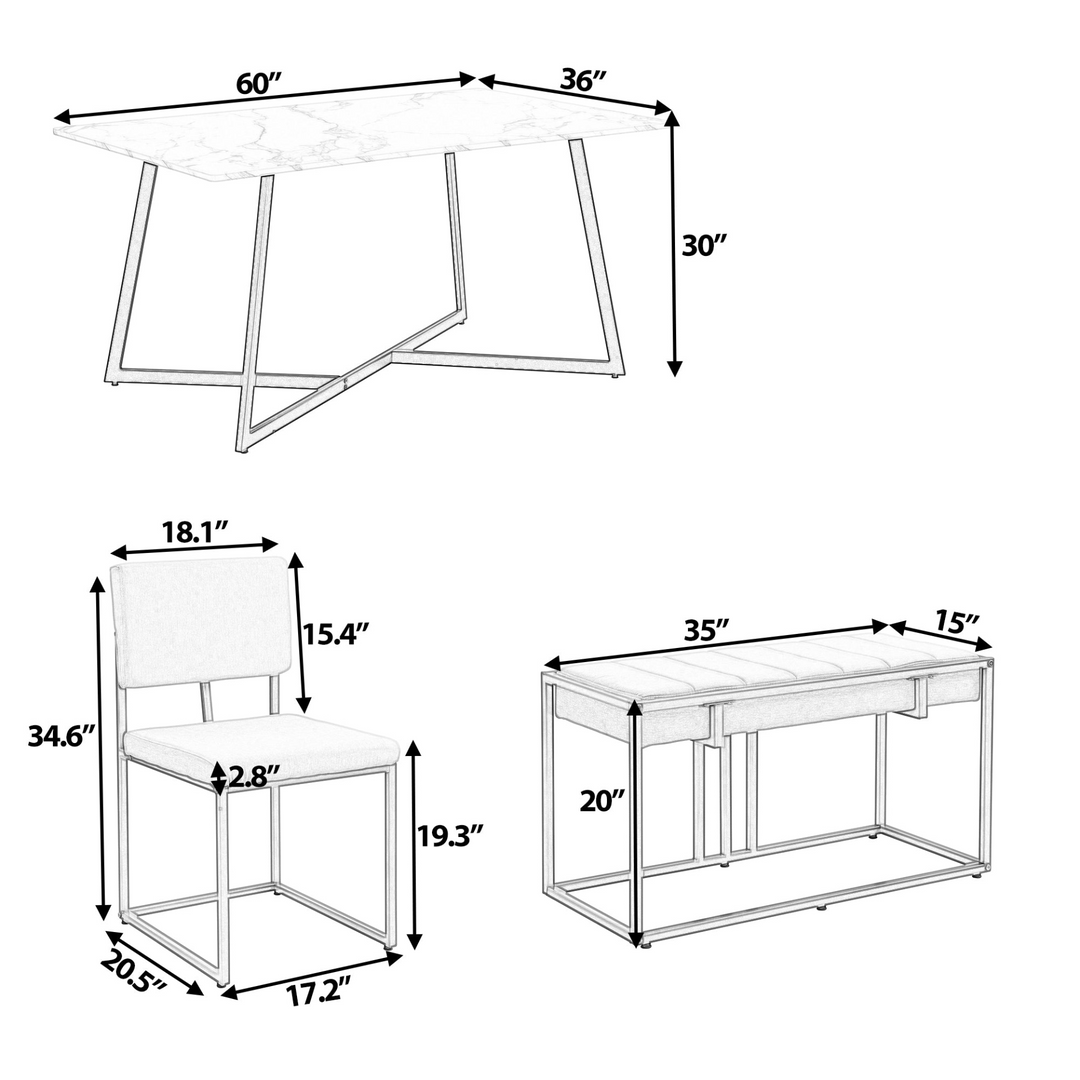 Boho Aesthetic Modern Faux Marble 6-Piece Dining Table Set,60inch Metal Kitchen Table Set with Upholstered Dining Chairs and Bench, Golden | Biophilic Design Airbnb Decor Furniture 