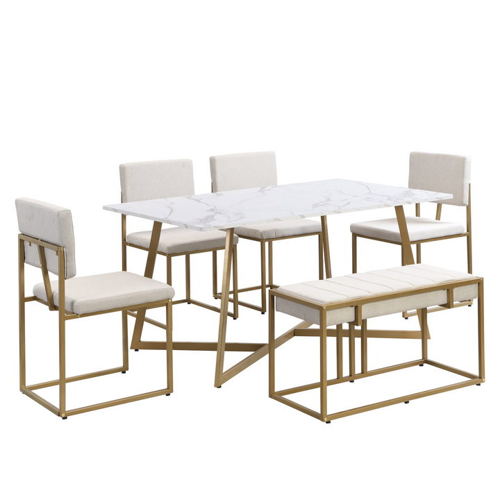 Boho Aesthetic Modern Faux Marble 6-Piece Dining Table Set,60inch Metal Kitchen Table Set with Upholstered Dining Chairs and Bench, Golden | Biophilic Design Airbnb Decor Furniture 