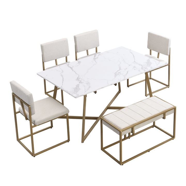 Boho Aesthetic Modern Faux Marble 6-Piece Dining Table Set,60inch Metal Kitchen Table Set with Upholstered Dining Chairs and Bench, Golden | Biophilic Design Airbnb Decor Furniture 