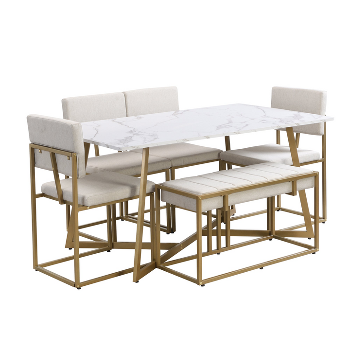 Boho Aesthetic Modern Faux Marble 6-Piece Dining Table Set,60inch Metal Kitchen Table Set with Upholstered Dining Chairs and Bench, Golden | Biophilic Design Airbnb Decor Furniture 