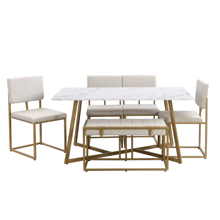 Boho Aesthetic Modern Faux Marble 6-Piece Dining Table Set,60inch Metal Kitchen Table Set with Upholstered Dining Chairs and Bench, Golden | Biophilic Design Airbnb Decor Furniture 