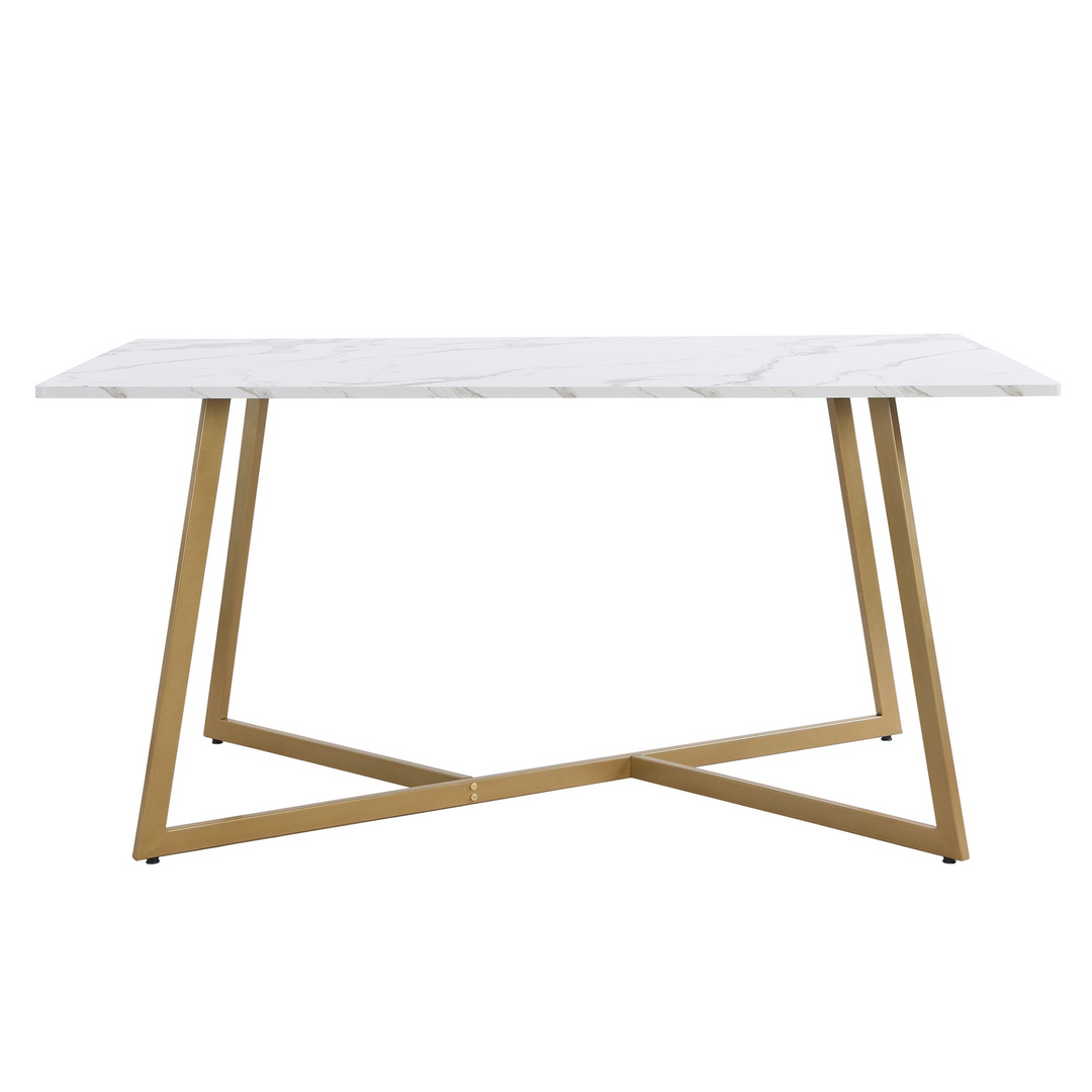 Boho Aesthetic Modern Faux Marble 6-Piece Dining Table Set,60inch Metal Kitchen Table Set with Upholstered Dining Chairs and Bench, Golden | Biophilic Design Airbnb Decor Furniture 