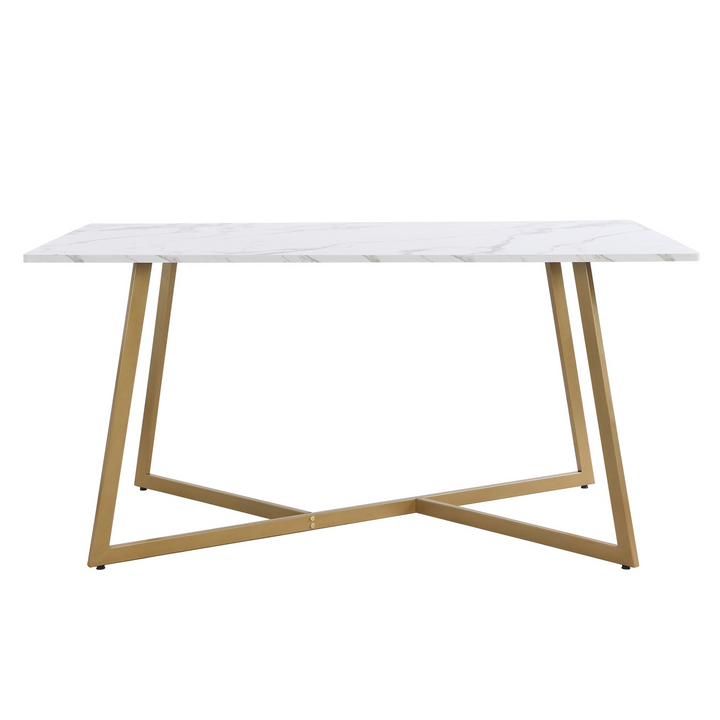 Boho Aesthetic Modern Faux Marble 6-Piece Dining Table Set,60inch Metal Kitchen Table Set with Upholstered Dining Chairs and Bench, Golden | Biophilic Design Airbnb Decor Furniture 