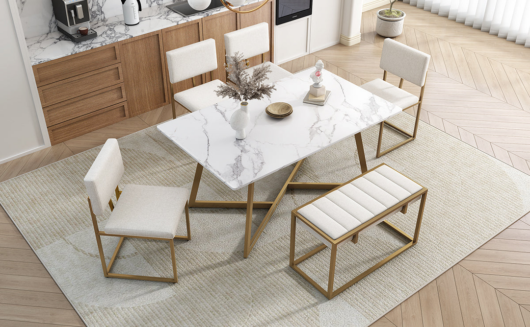 Boho Aesthetic Modern Faux Marble 6-Piece Dining Table Set,60inch Metal Kitchen Table Set with Upholstered Dining Chairs and Bench, Golden | Biophilic Design Airbnb Decor Furniture 