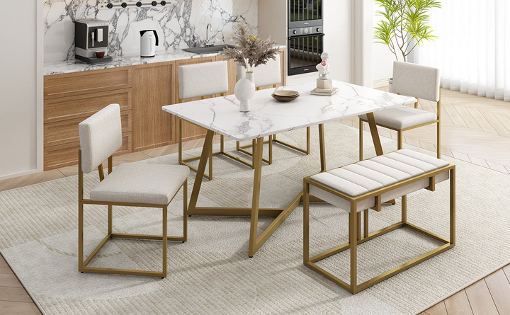 Boho Aesthetic Modern Faux Marble 6-Piece Dining Table Set,60inch Metal Kitchen Table Set with Upholstered Dining Chairs and Bench, Golden | Biophilic Design Airbnb Decor Furniture 