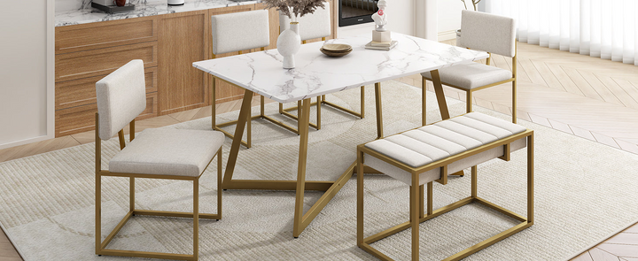 Boho Aesthetic Modern Faux Marble 6-Piece Dining Table Set,60inch Metal Kitchen Table Set with Upholstered Dining Chairs and Bench, Golden | Biophilic Design Airbnb Decor Furniture 