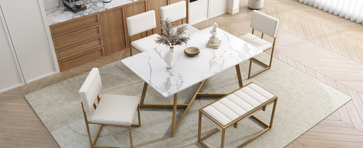 Boho Aesthetic Modern Faux Marble 6-Piece Dining Table Set,60inch Metal Kitchen Table Set with Upholstered Dining Chairs and Bench, Golden | Biophilic Design Airbnb Decor Furniture 