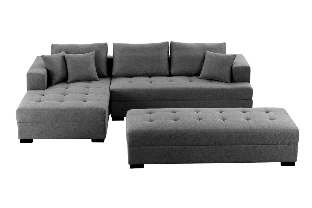 Boho Aesthetic 111'' Tufted Fabric 3-Seat L-Shape Sectional Sofa Couch Set w/Chaise Lounge, Ottoman Coffee Table Bench, Dark Grey | Biophilic Design Airbnb Decor Furniture 