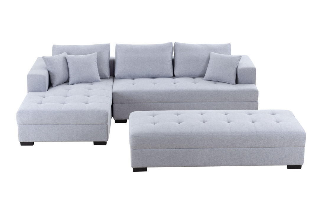 Boho Aesthetic Tufted Light Gray 3-Seat L-Shape Sectional Sofa Couch Set w/Chaise Lounge | Biophilic Design Airbnb Decor Furniture 