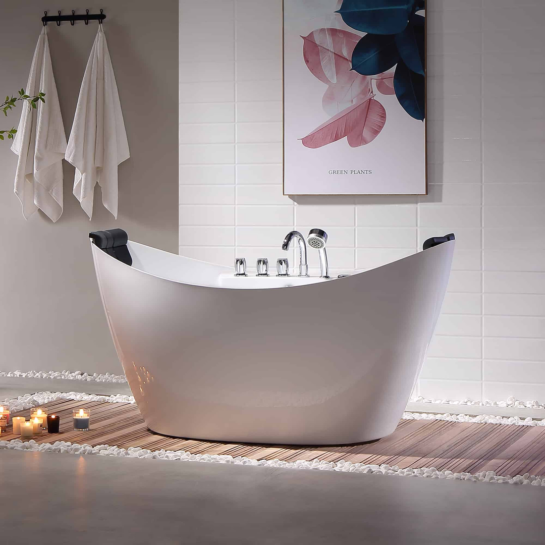 Boho Aesthetic Freestanding Whirlpool Bathtub with Center Drain | Biophilic Design Airbnb Decor Furniture 