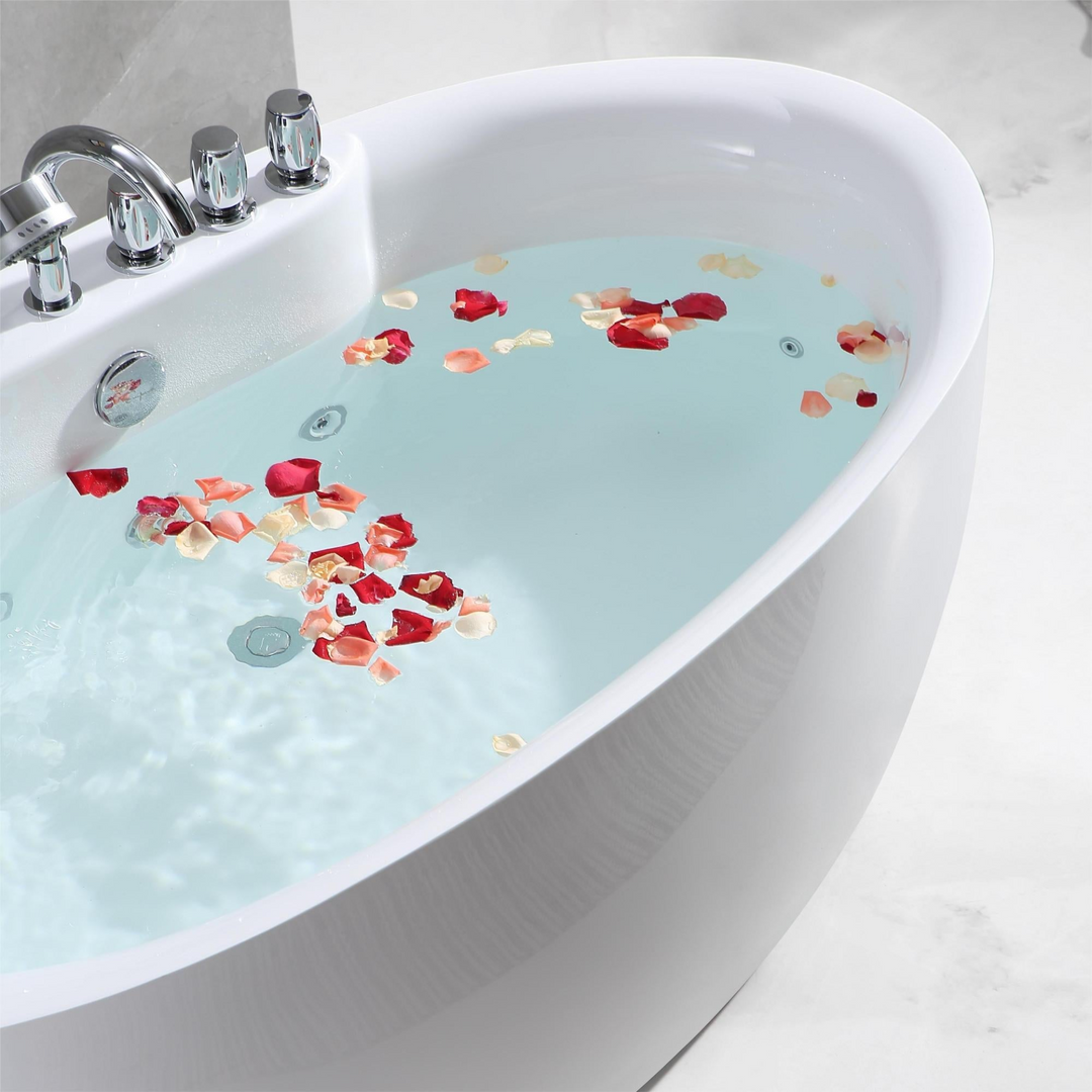 Boho Aesthetic Modern Freestanding Whirlpool Bathtub with Center Drain | Biophilic Design Airbnb Decor Furniture 