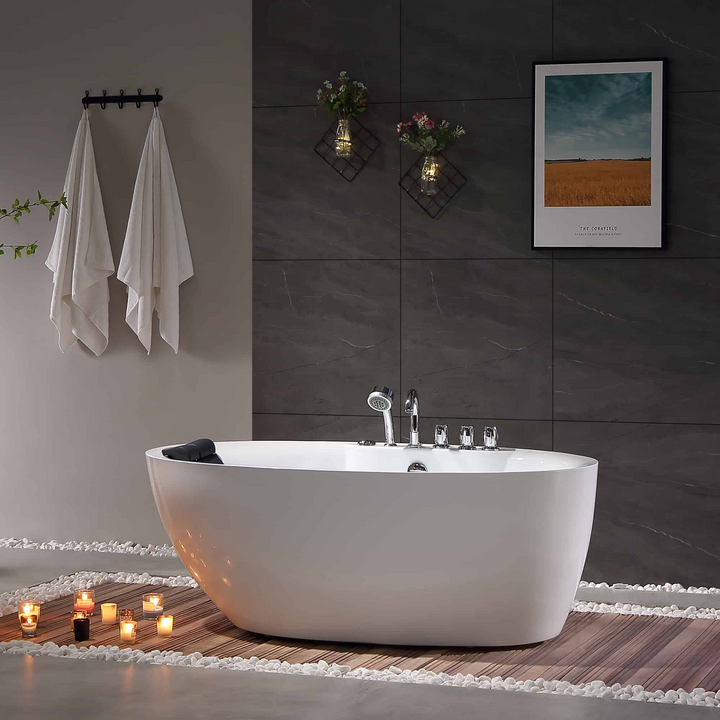 Boho Aesthetic Modern Freestanding Whirlpool Bathtub with Center Drain | Biophilic Design Airbnb Decor Furniture 