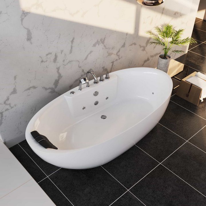 Boho Aesthetic Modern Freestanding Whirlpool Bathtub with Center Drain | Biophilic Design Airbnb Decor Furniture 