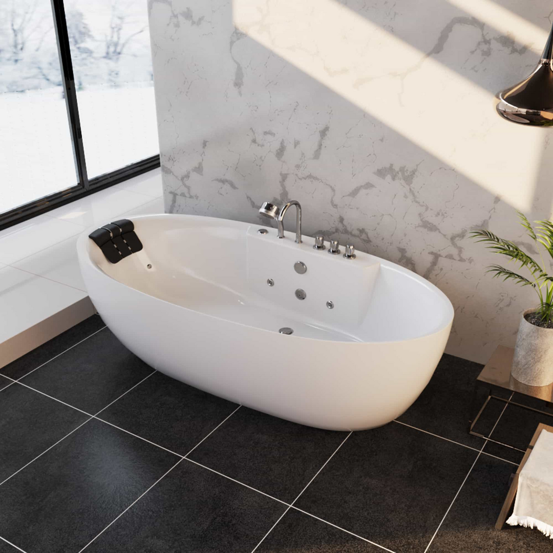 Boho Aesthetic Modern Freestanding Whirlpool Bathtub with Center Drain | Biophilic Design Airbnb Decor Furniture 