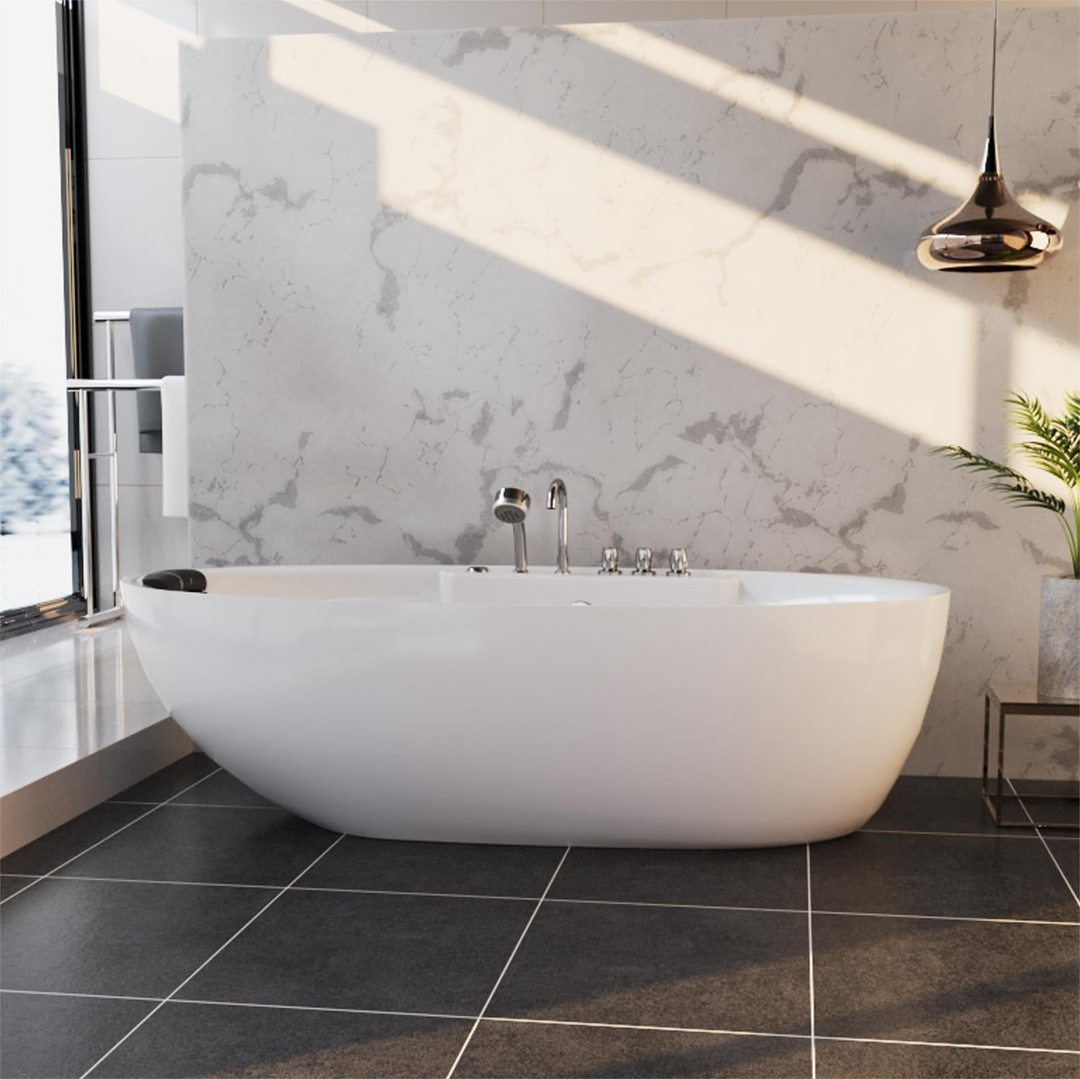 Boho Aesthetic Modern Freestanding Whirlpool Bathtub with Center Drain | Biophilic Design Airbnb Decor Furniture 
