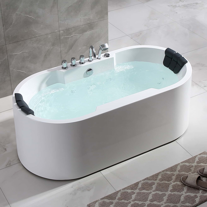 Boho Aesthetic Modern Freestanding Whirlpool Bathtub with Center Drain | Biophilic Design Airbnb Decor Furniture 