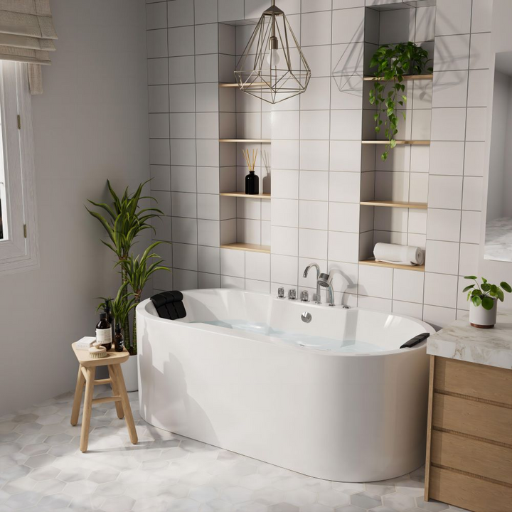 Boho Aesthetic Modern Freestanding Whirlpool Bathtub with Center Drain | Biophilic Design Airbnb Decor Furniture 