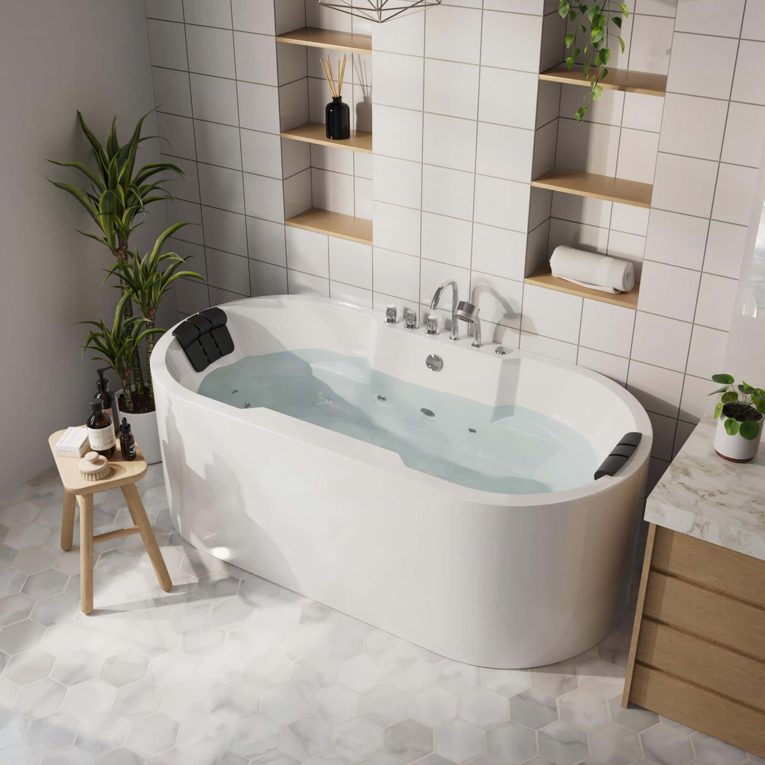 Boho Aesthetic Modern Freestanding Whirlpool Bathtub with Center Drain | Biophilic Design Airbnb Decor Furniture 