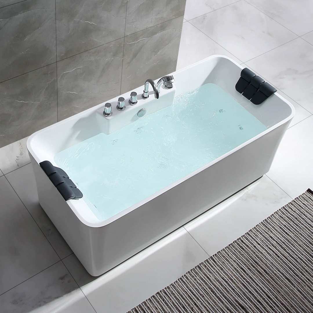 Boho Aesthetic Freestanding Whirlpool Rectangle Tub with Center Drain | Biophilic Design Airbnb Decor Furniture 