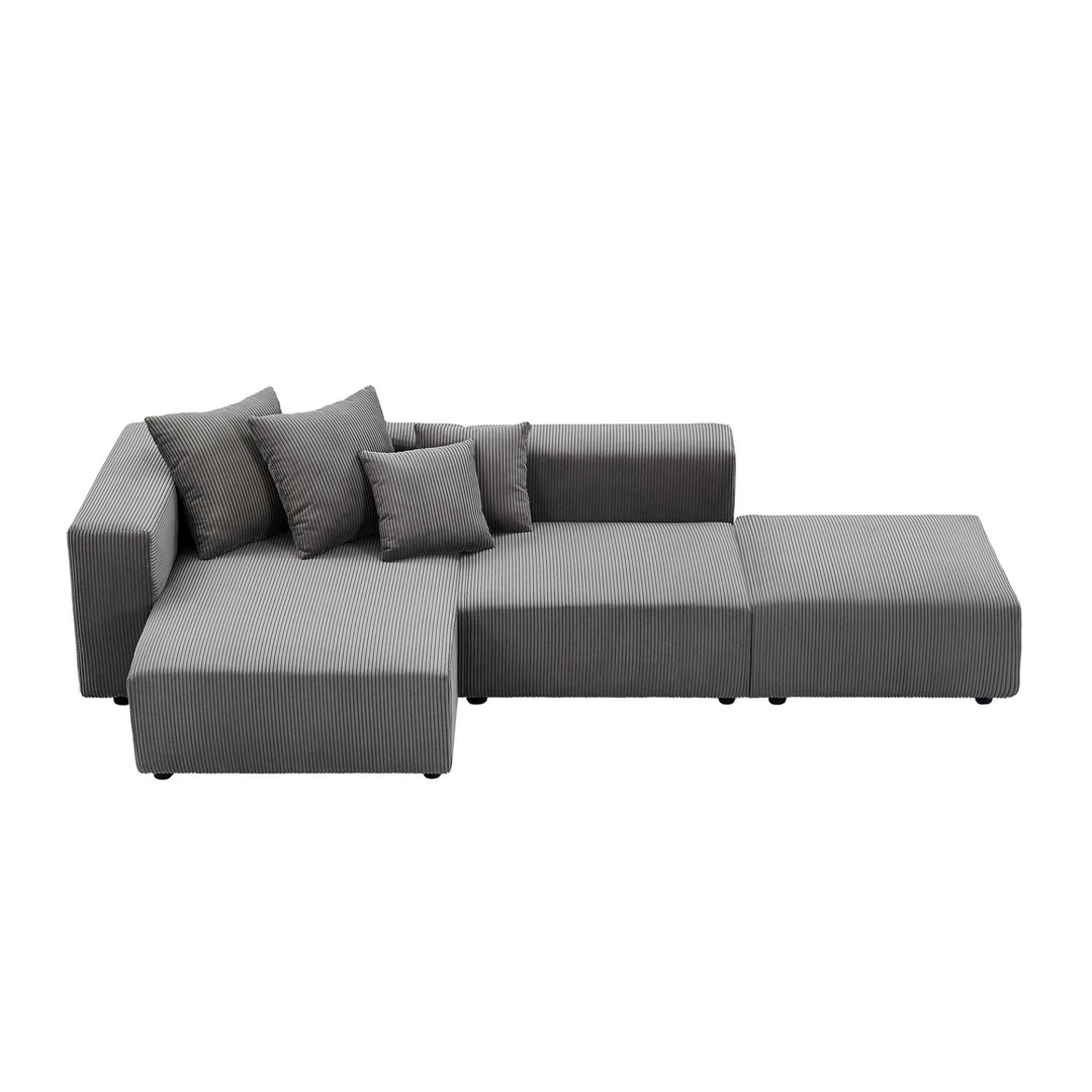 Boho Aesthetic Soft Corduroy Sectional Modular Sofa Set, Small L-Shaped Chaise Couch for Living Room, Apartment, Office, Gray | Biophilic Design Airbnb Decor Furniture 