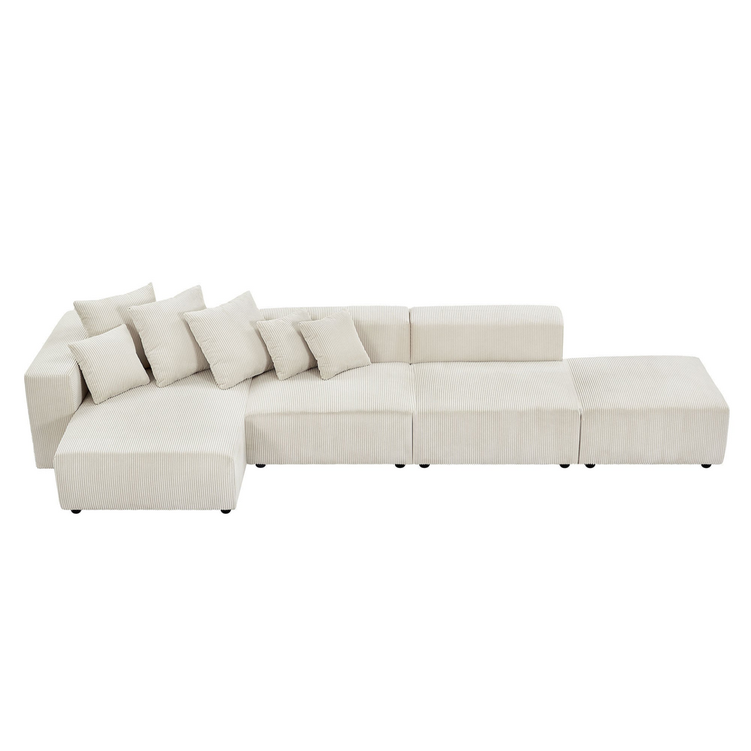 Boho Aesthetic Soft Corduroy Sectional Modular Sofa 4 Piece Set, Small L-Shaped Chaise Couch for Living Room, Apartment, Office, Beige | Biophilic Design Airbnb Decor Furniture 