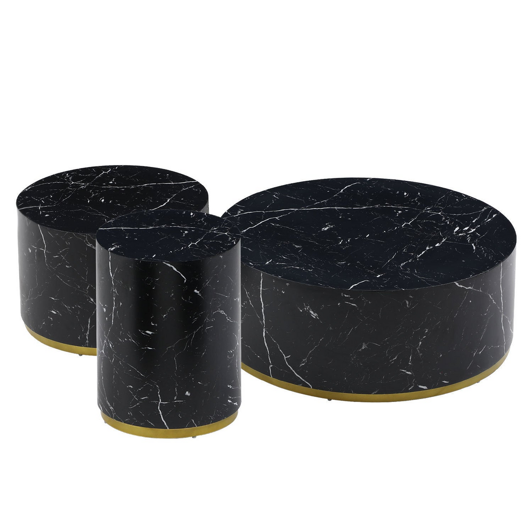 Boho Aesthetic Set of 3 Black Marble Pattern  Round Coffee Table side Table End Table Set for Living Room Fully Assembled | Biophilic Design Airbnb Decor Furniture 